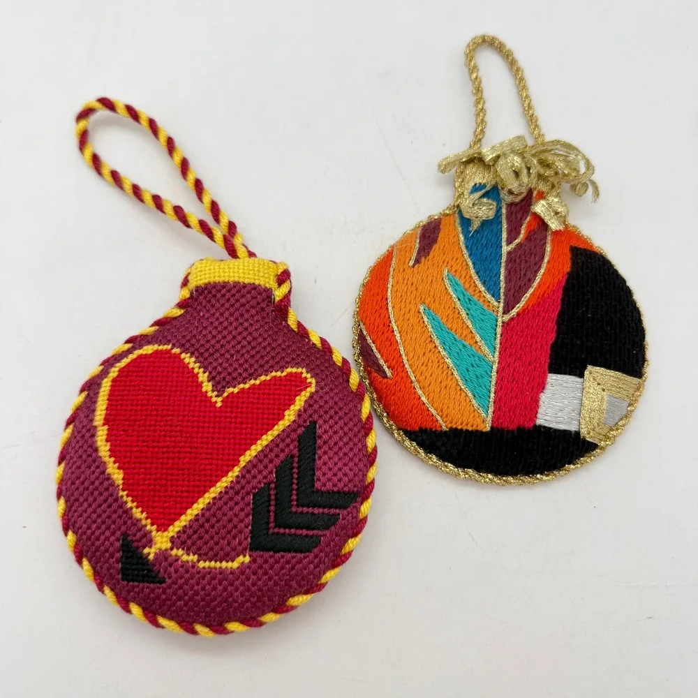 Vintage Needlepoint Heart & Abstract Embroidered Christmas Ornaments‎ Set of 2